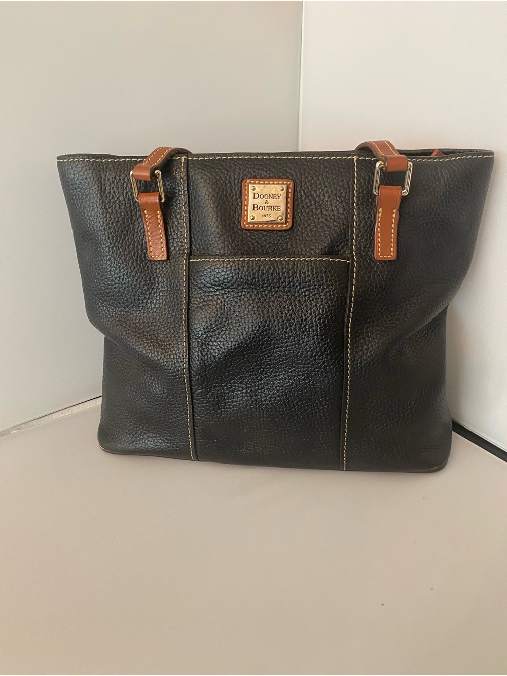 Vintage Dooney & Bourke Black Pebbled Leather Tote with gold hardware